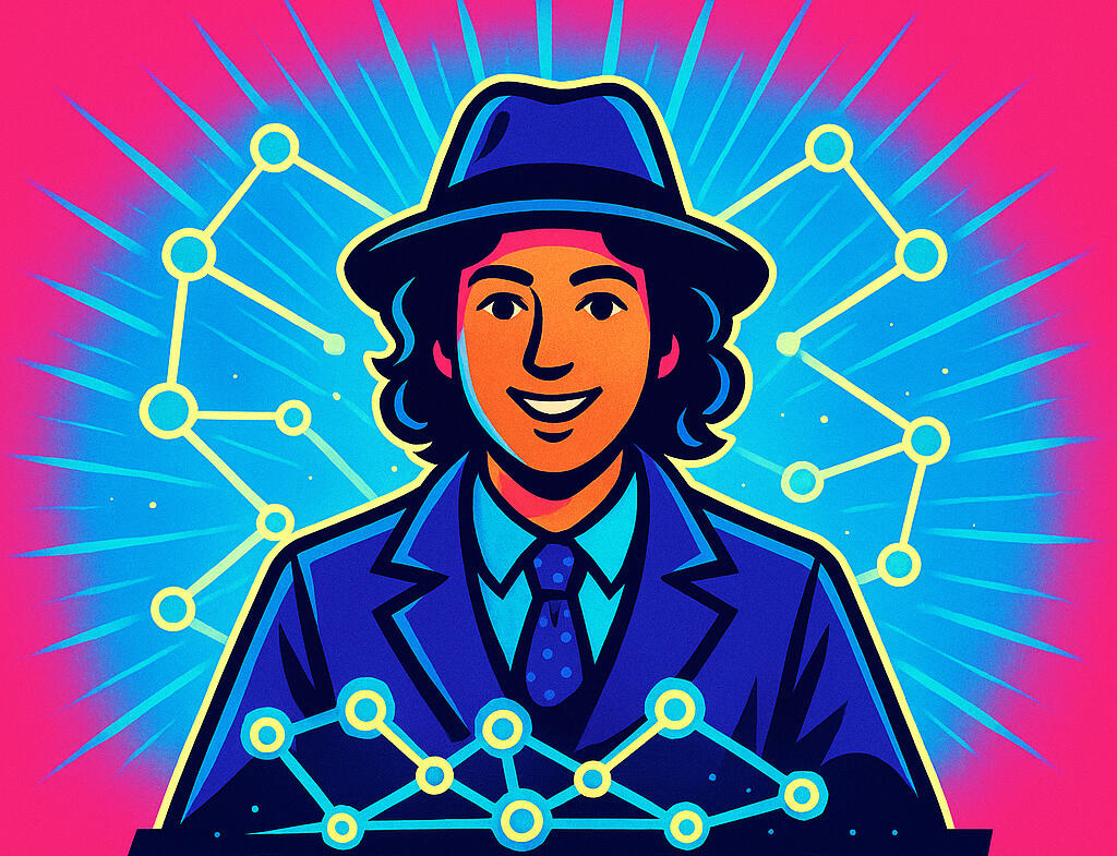 Illustrated AI-powered journalist surrounded by a network of connected nodes